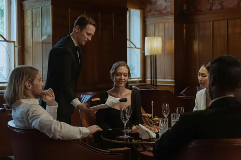 Waiter in tuxedo serving champagne in an elegant lounge